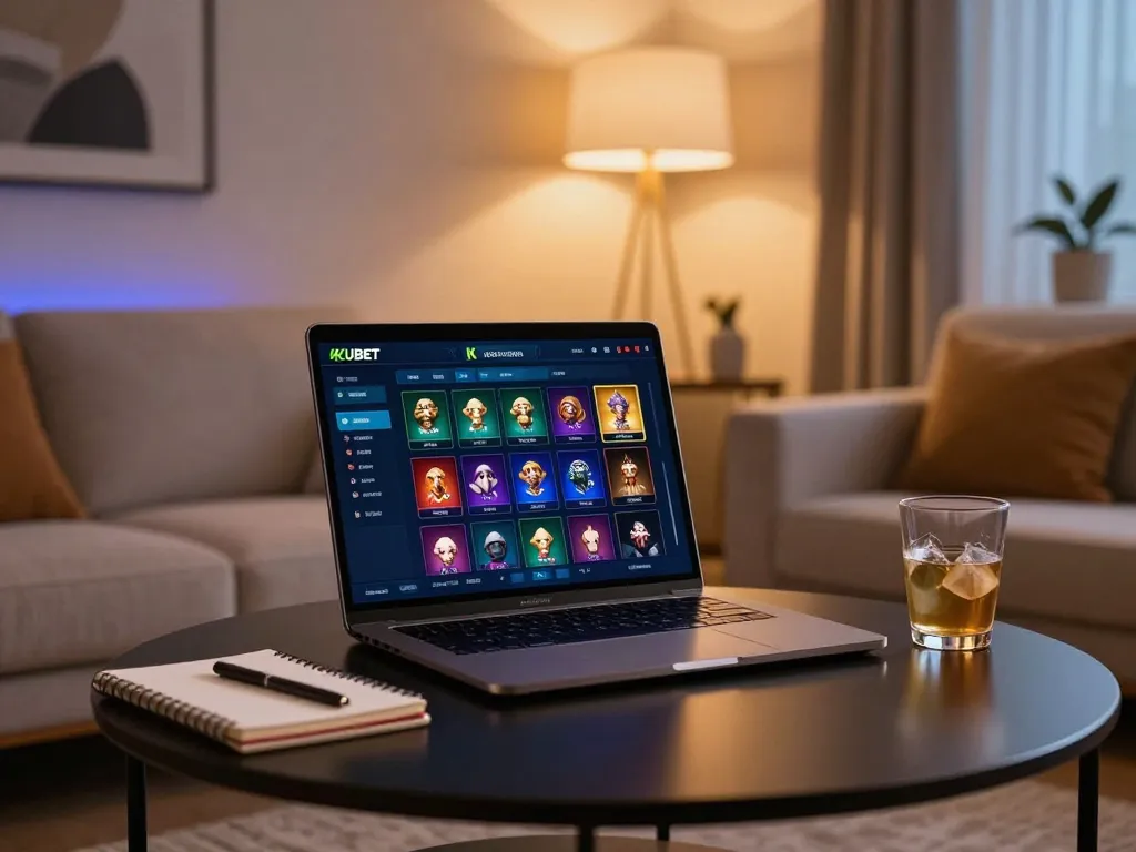 KUBET online gaming experience on a modern laptop in a cozy living room setting, showcasing strategic play.