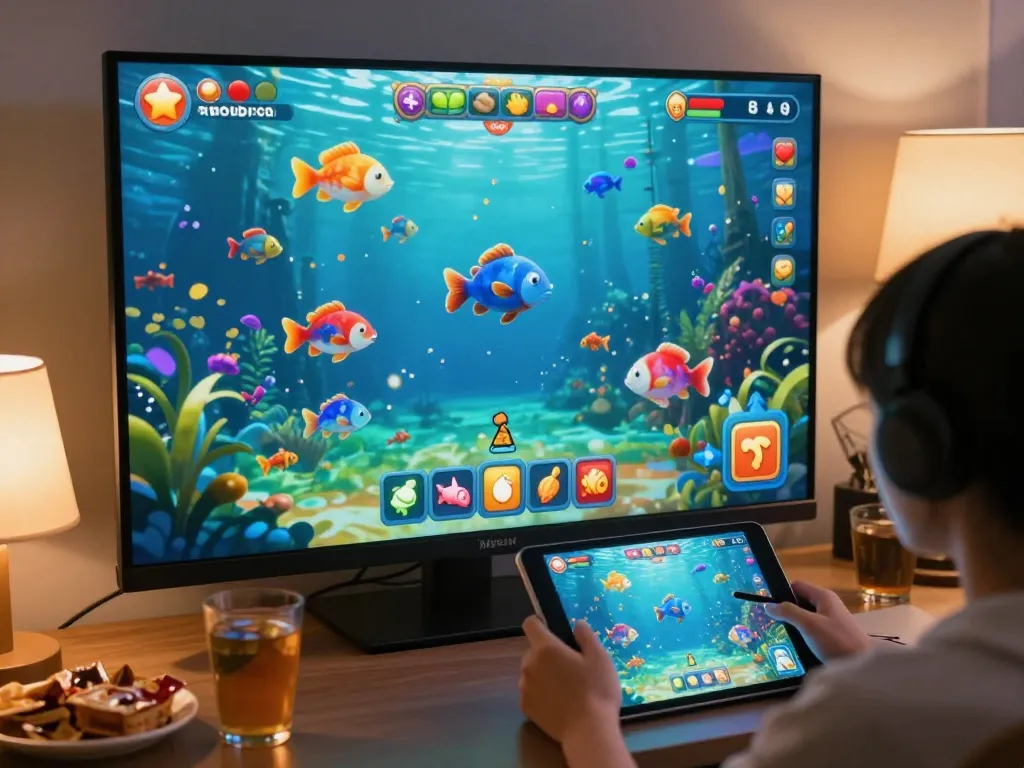 Shooting colorful fish in the immersive ยิงปลา Soibet online fishing game on a tablet at home.