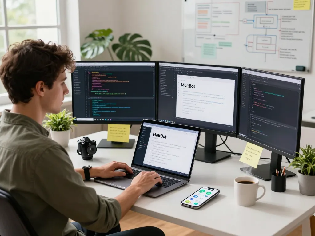 MoltBot AI assistant interface showcased at a developer's workspace with task automation elements, demonstrating innovative software solutions.