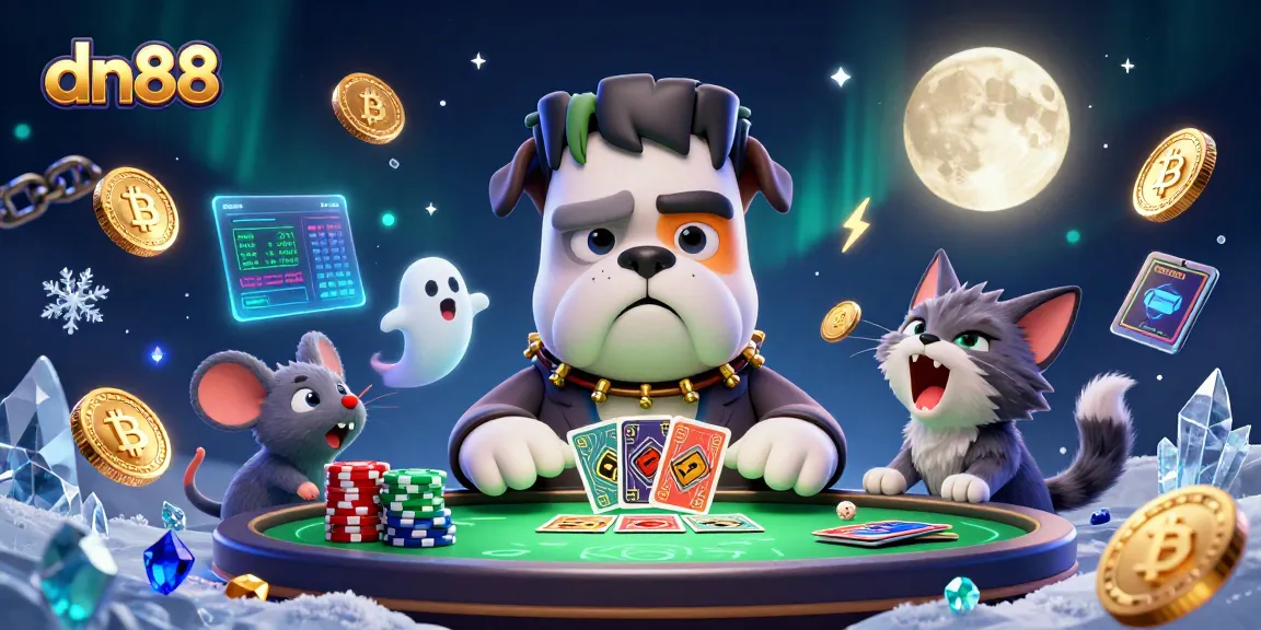 Engage with dn88's thrilling gaming scene featuring a Frankenstein bulldog and a ghost mouse at an exciting casino table.