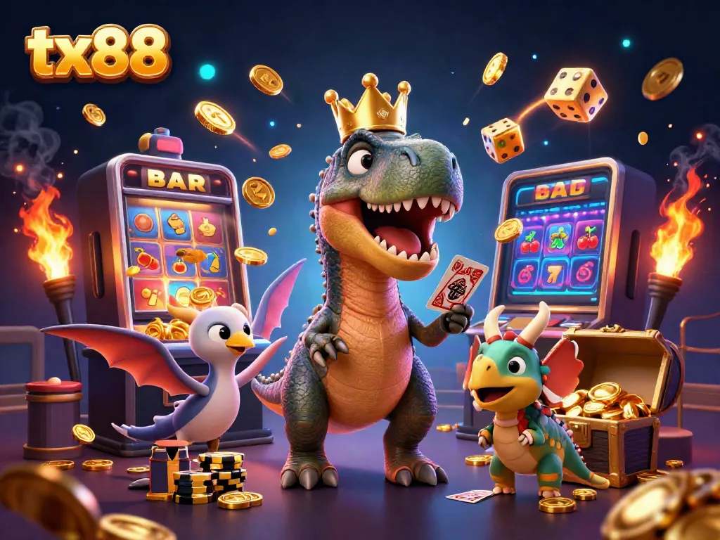 Experience thrilling action at tx88 with cartoon dinosaurs engaged in a vibrant casino scene.