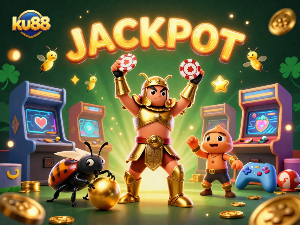 Experience the thrill of ku88 casino with a victorious beetle lifting a poker chip amidst vibrant gaming elements.
