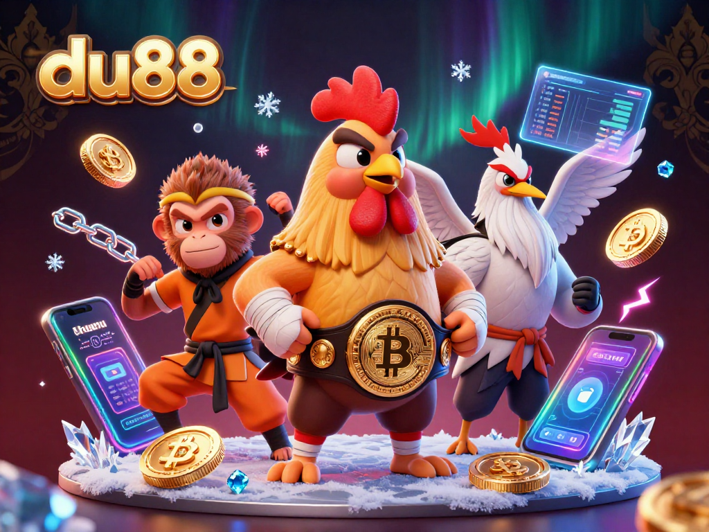 du88 brings excitement with Muay Thai rooster and Shaolin monkey in a vibrant casino scene.