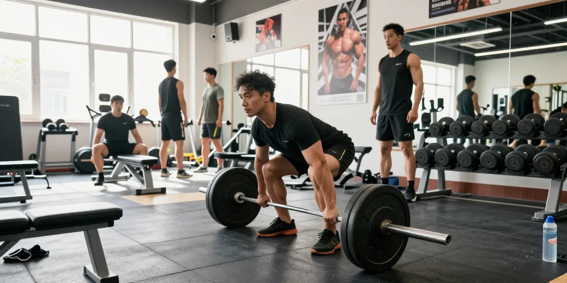 Bodybuilder im Anabolika Shop Deutschland, der im modernen Fitnessstudio mit hellem Licht eine Kreuzheben-Übung ausführt.