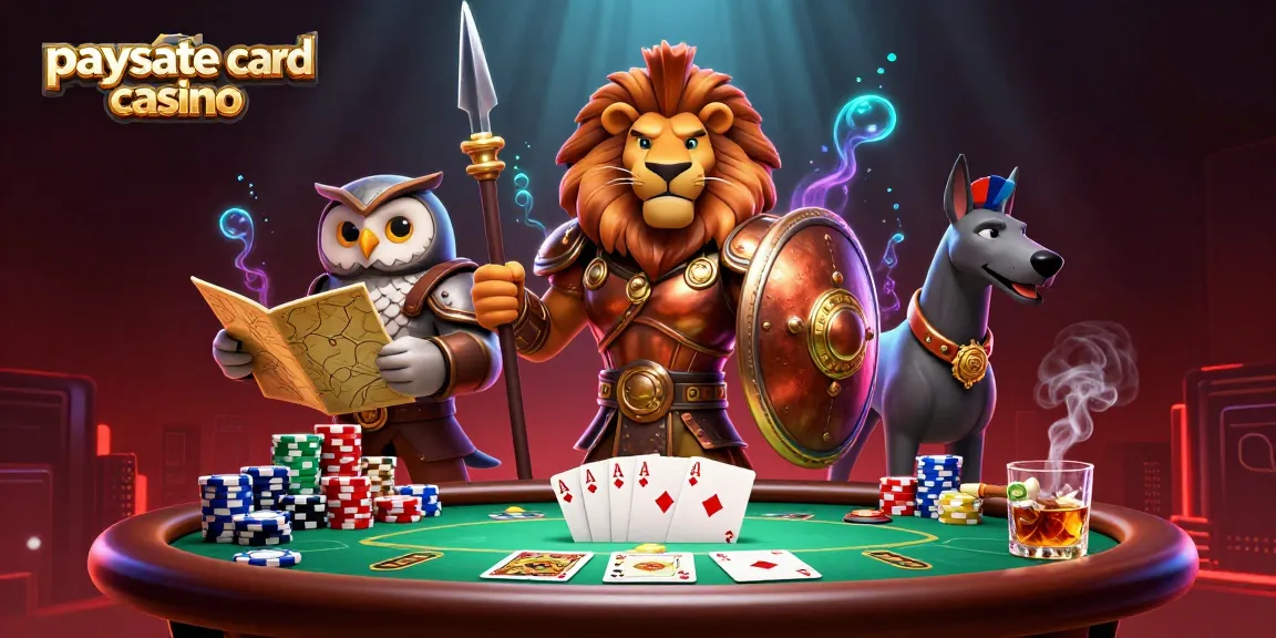 Einzahlung sicher mit Paysafe Card Casino, mit einem heldenhaften Löwen und lebhaften Casino-Elementen.