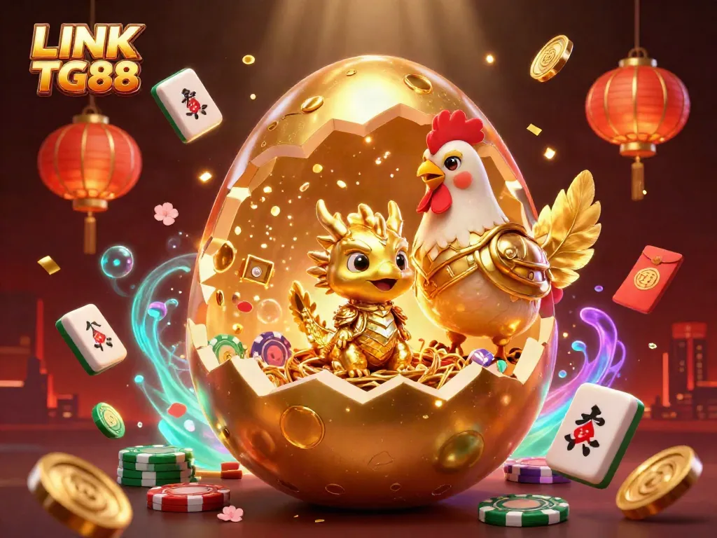Experience LINK TG88's vibrant casino vibes with a golden dragon amidst poker chips and festive elements.