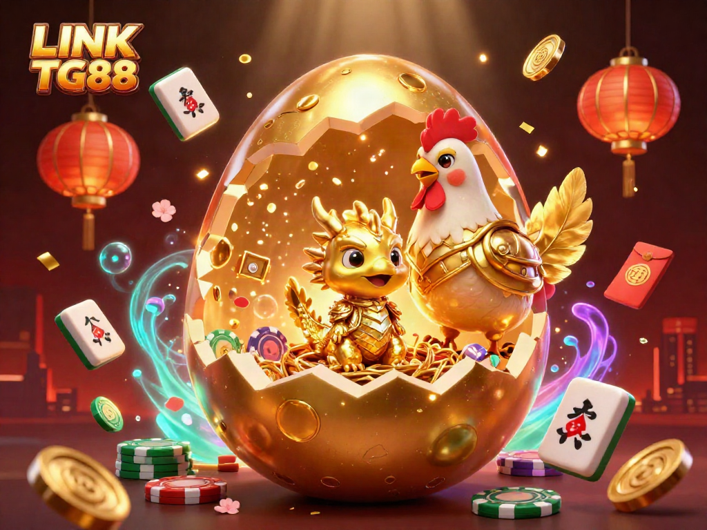Experience LINK TG88's vibrant casino vibes with a golden dragon amidst poker chips and festive elements.