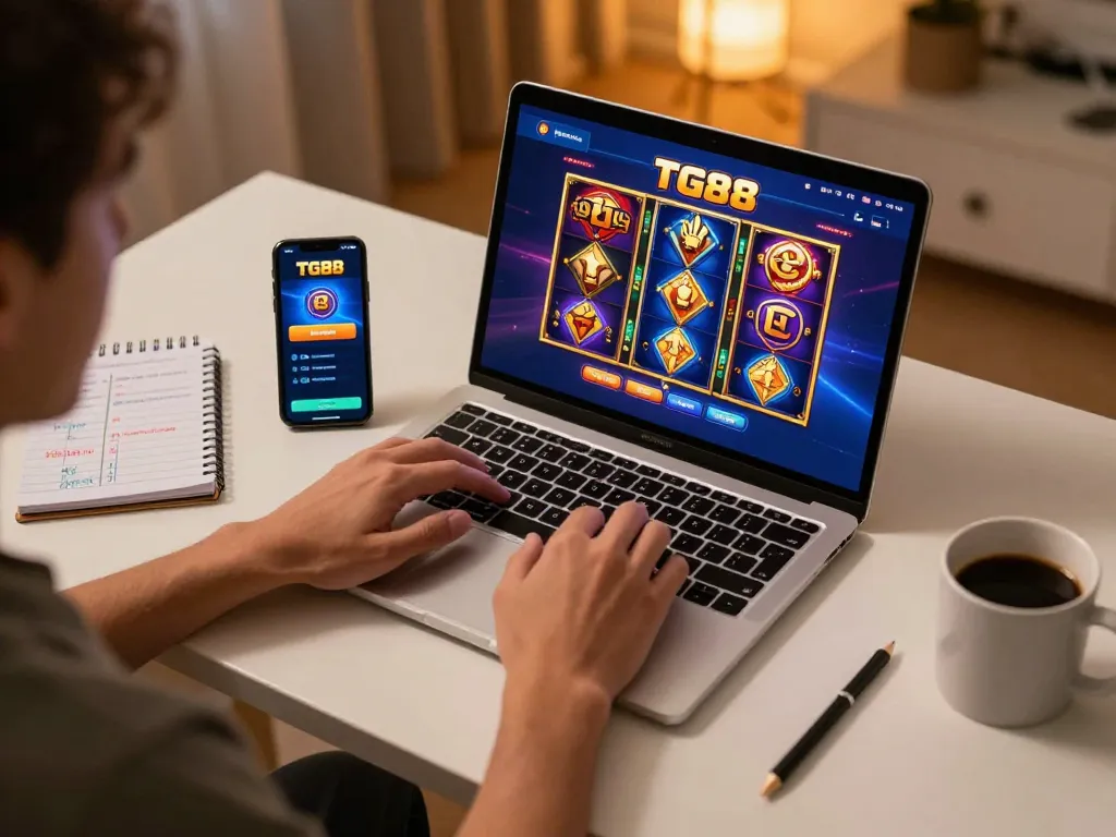 Engaged player exploring TG88's diverse online casino options on their laptop.