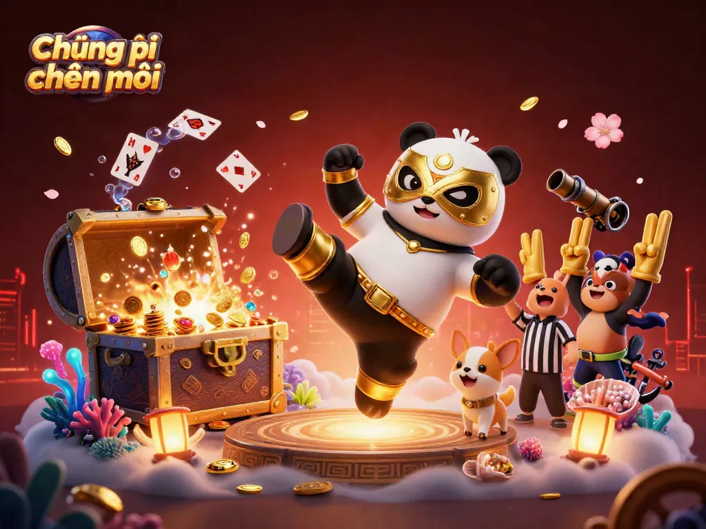 The promotional scene highlights Chương trình khuyến mãi with a golden lucha libre wrestler panda kicking, exciting animal fans, and treasure elements.