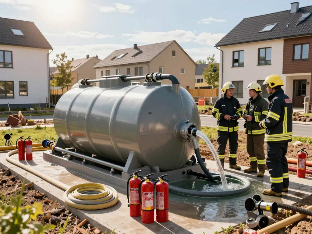 Flexible Löschwasserzisterne für Neubaugebiet, eingerichtet mit Feuerwehrleuten auf einer Baustelle, um die Feuerwasserversorgung sicherzustellen.