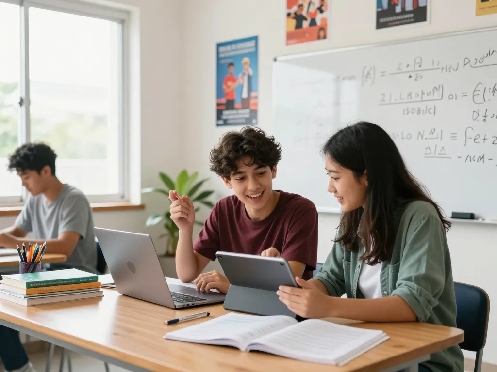 Online-Sitzung eines Hausaufgaben Löser mit Studenten, die in einem modernen Lernraum über Mathematikprobleme diskutieren.