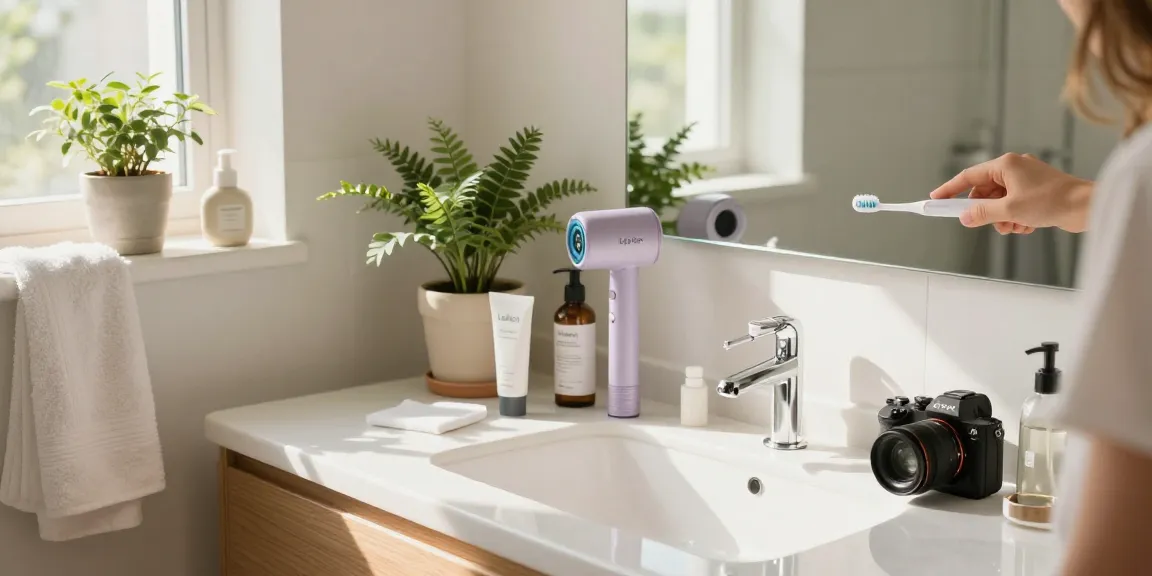 Helle Badezimmeratmosphäre mit Laifen de Zahnbürste und lächelndem Benutzer während der Morgenroutine