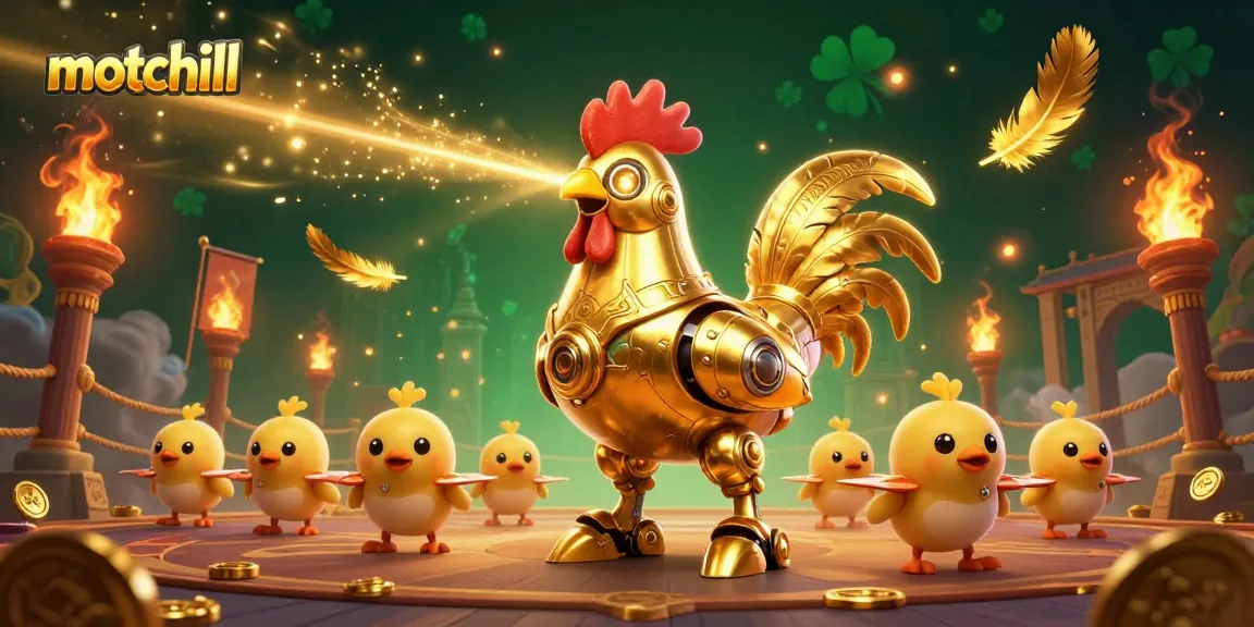 Win big with motchill featuring a golden rooster robot and baby chick drones in a vibrant casino scene.