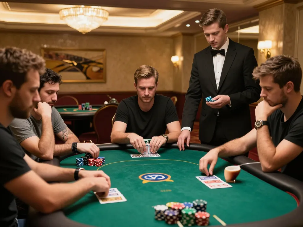 Players engaging in a high-stakes poker game at KJC casino, analyzing cards and placing bets.