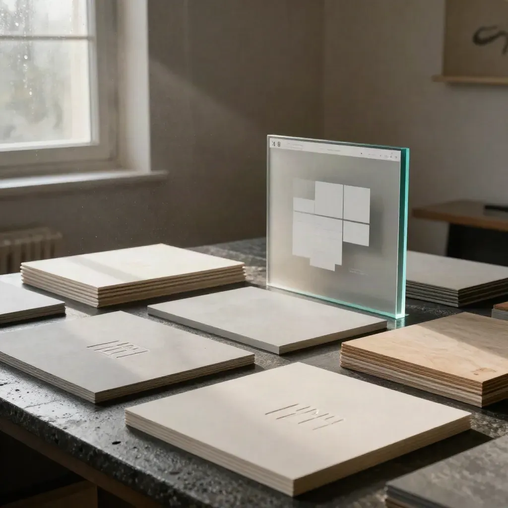 Markenatelier mit Logo-Proben, Papierstapeln und Website-Mockup im dramatischen Abendlicht.