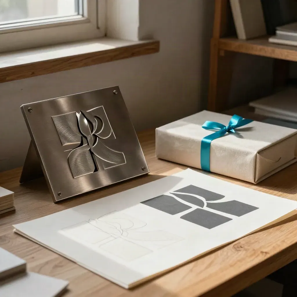 Geprägte Logo-Plakette mit Papiermustern und Materialbox im warmen Atelierlicht.