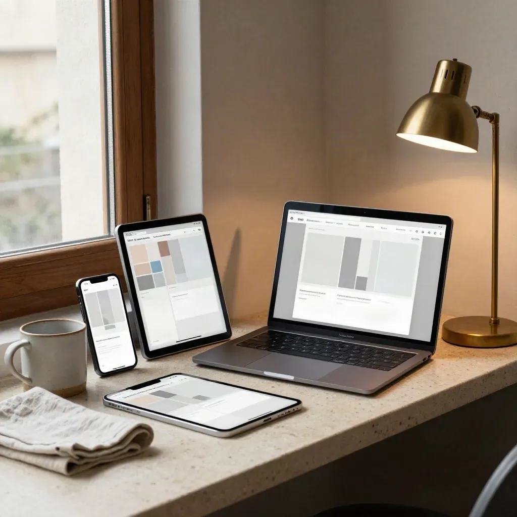 Drei Geräte mit abstrahierten Weblayouts in warmem Fensterlicht auf Travertin.