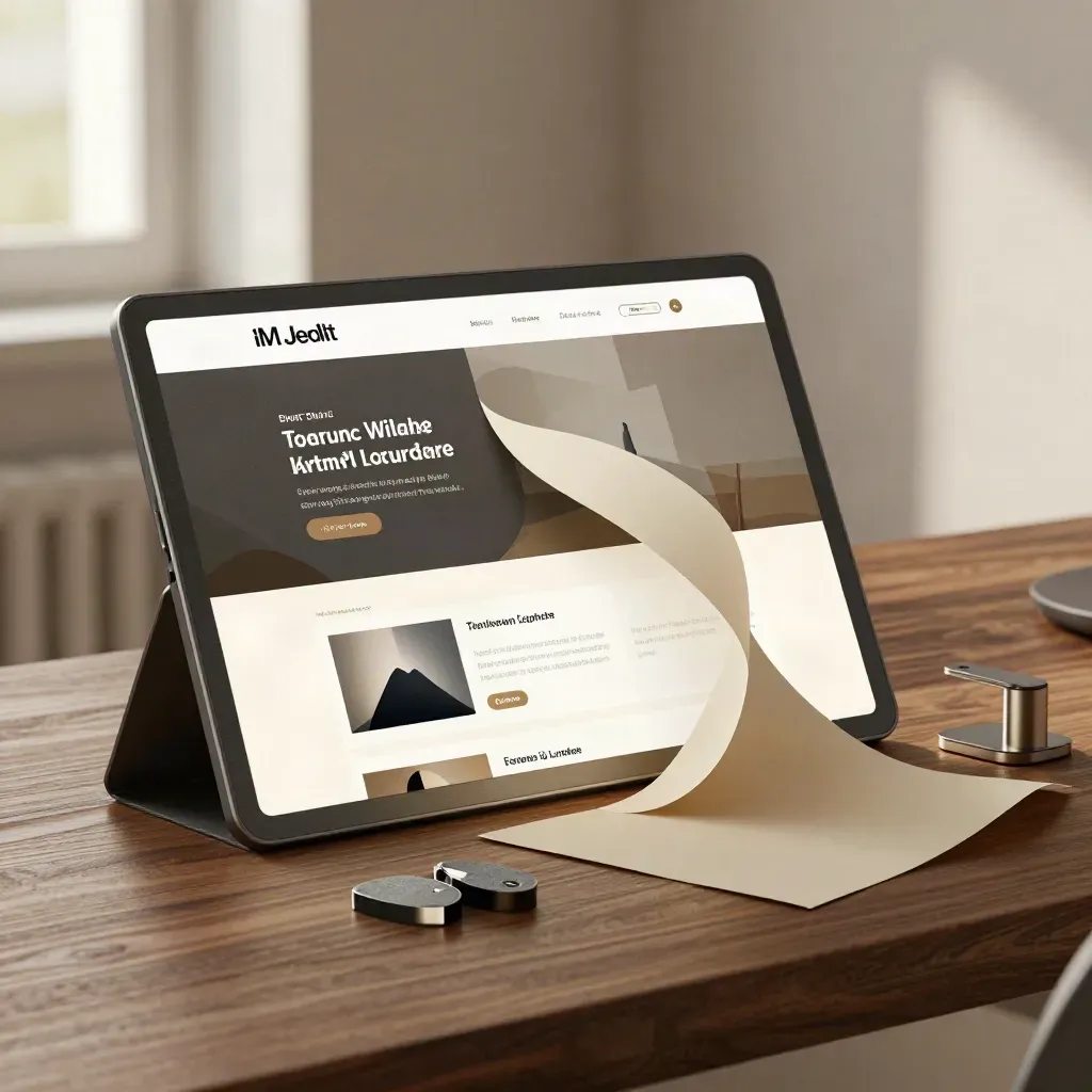 Schmale Landing-Page-Mockup-Szene mit Display, Papierproof und Slate-Objekten auf Walnuss.