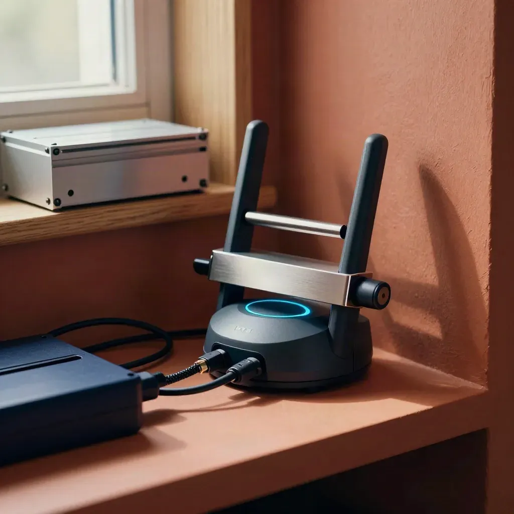 Wartungs-Setup mit Router, Backup-Laufwerk und sauber geführten Kabeln im warmen Licht.