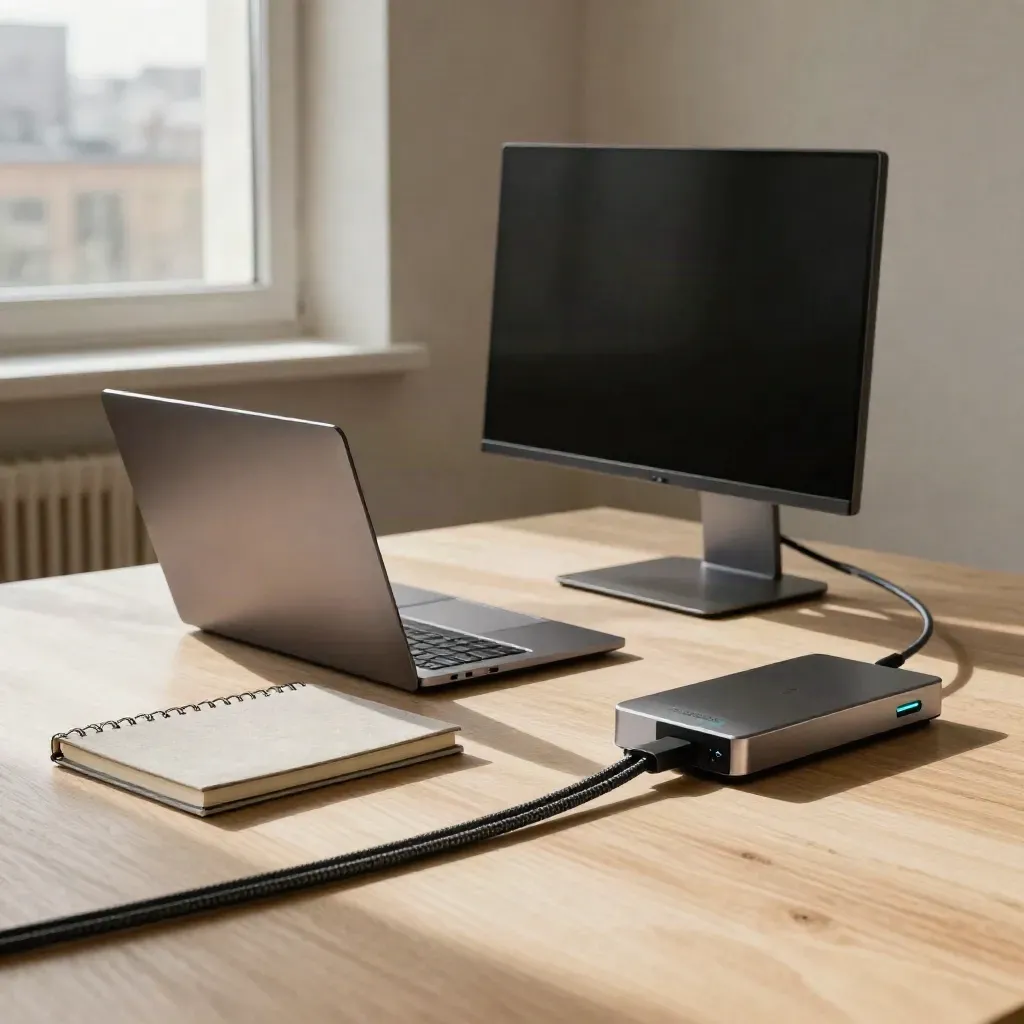 Berliner Workspace mit geschlossenem Laptop, Monitor und sauberem Kabelmanagement.