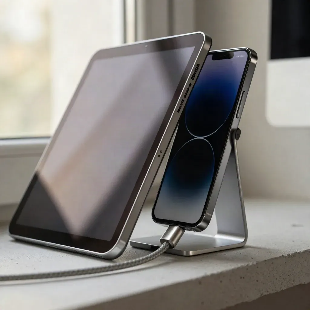 Makro von Tablet, Smartphone und Display auf Aluminiumständer mit Ladekabel in kühlem Licht