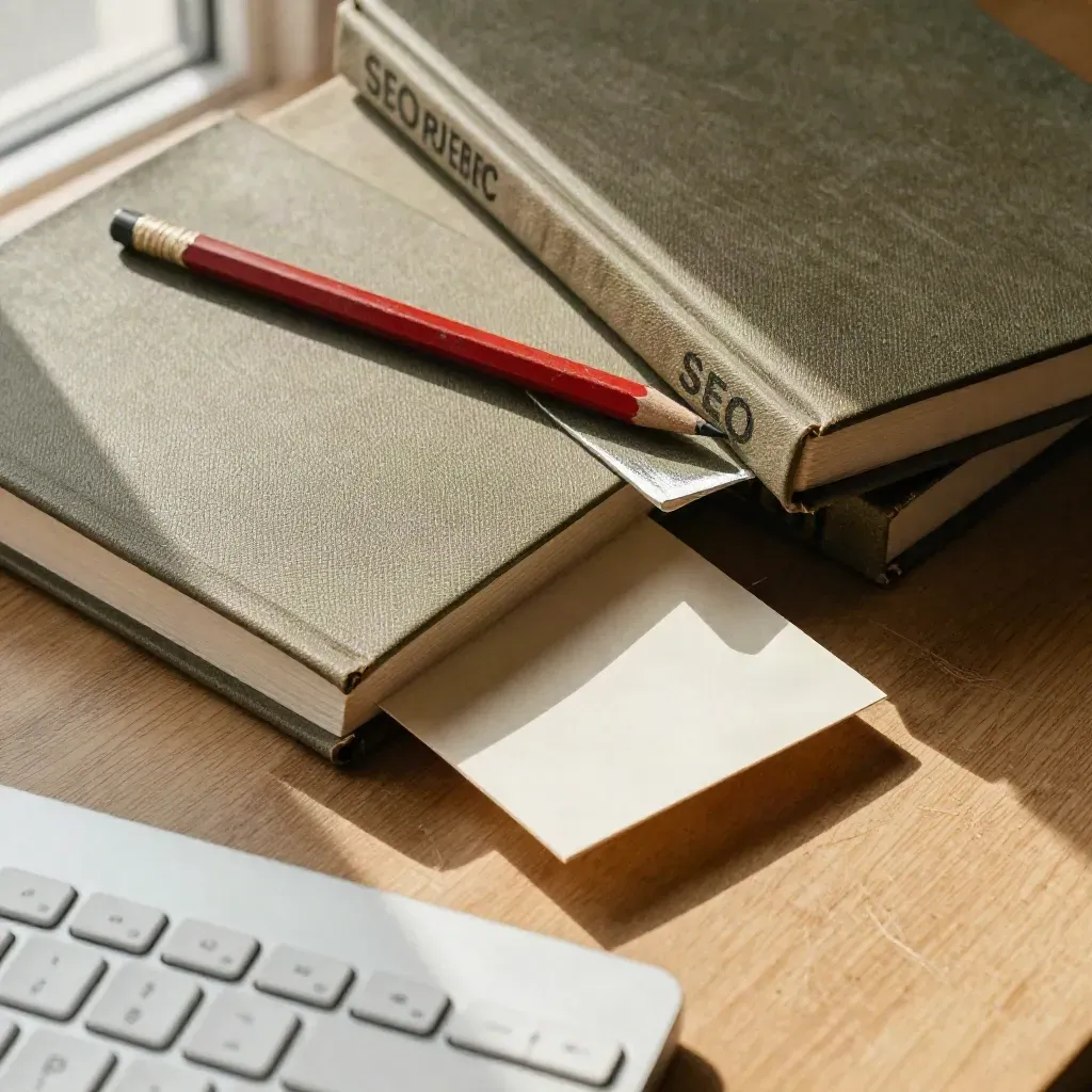 SEO-Bücher, roter Redaktionsstift und Karten neben Tastaturkante auf hellem Holz.