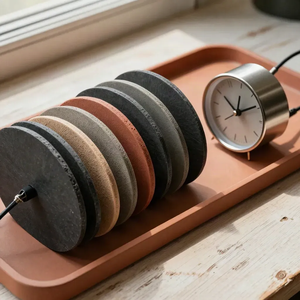 Flache Anordnung mit Slate-Timeline-Discs, Tischuhr und Ladestation auf warmer Oberfläche.