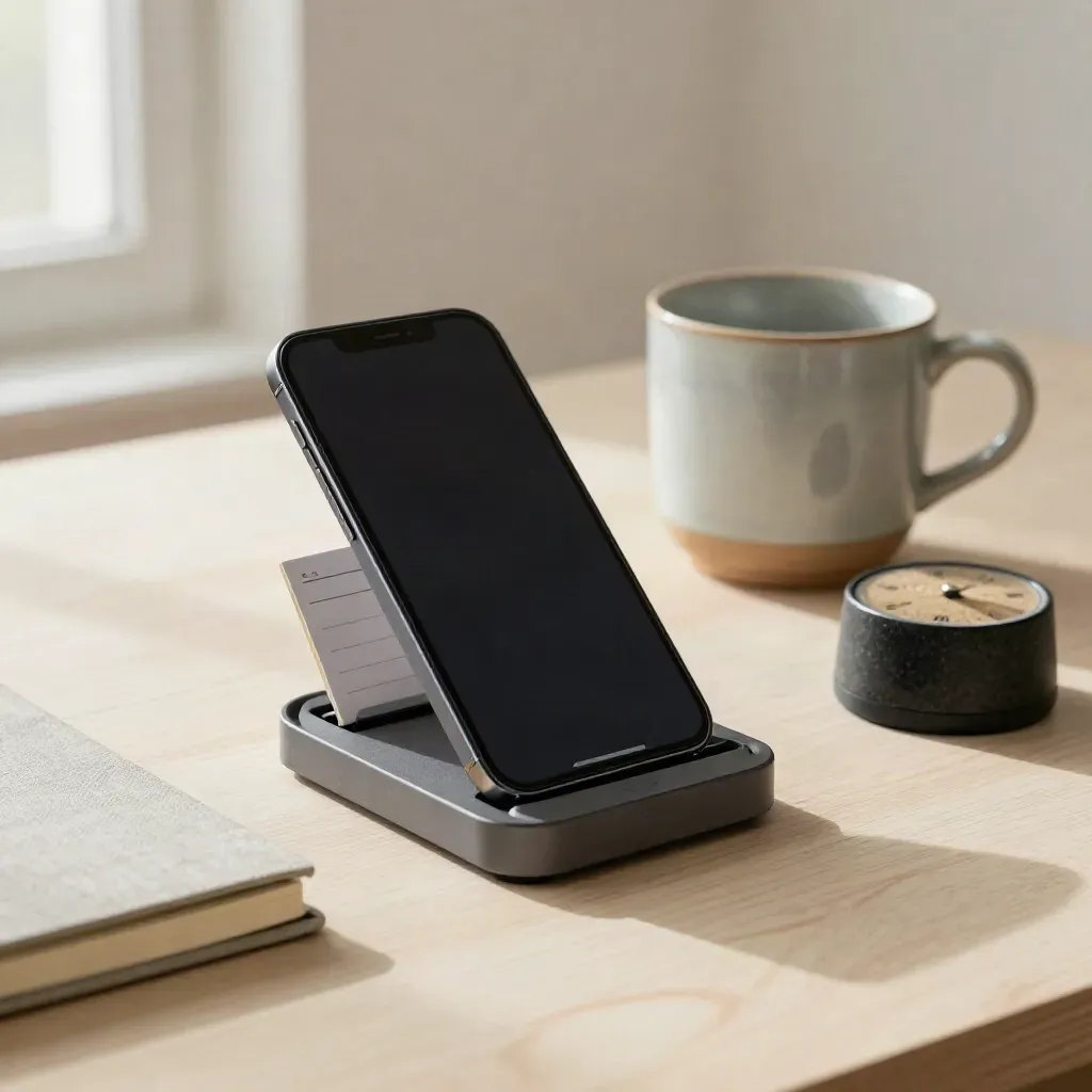 Smartphone auf Dock, Notizbuch, Becher und Timer auf hellem Holztisch im Erstgespräch-Setup