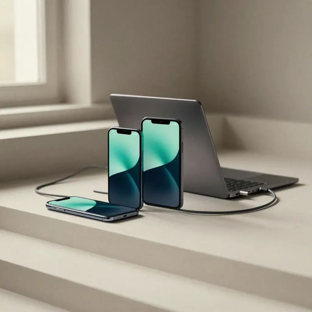 Vier Geräte auf hellem Putz: zwei Smartphones, Tablet, Laptop und cyanfarbenes Boot-Glimmen.