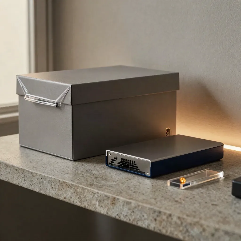 Versiegelte Box, Backup-Medium, Router und Statuslicht auf einer Steinshelfplatte.