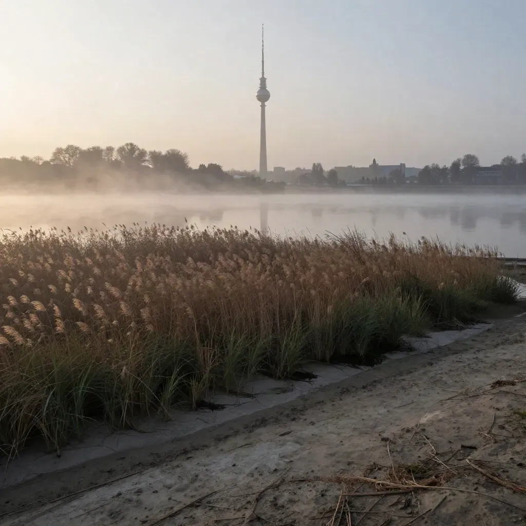 Nebellandschaft bei Berlin mit Fernsehturm, Wasser, Schilf und ruhiger Morgenstimmung