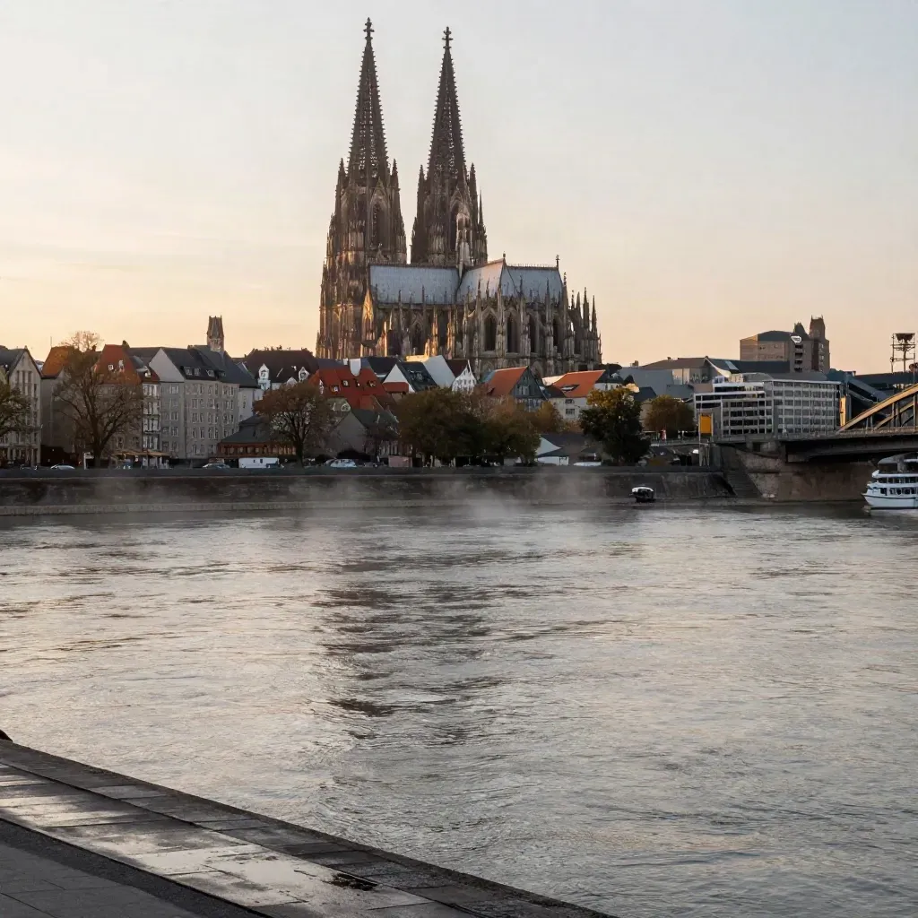 Kölner Dom hoch über dem ruhigen Rhein bei Abendlicht und Dunst