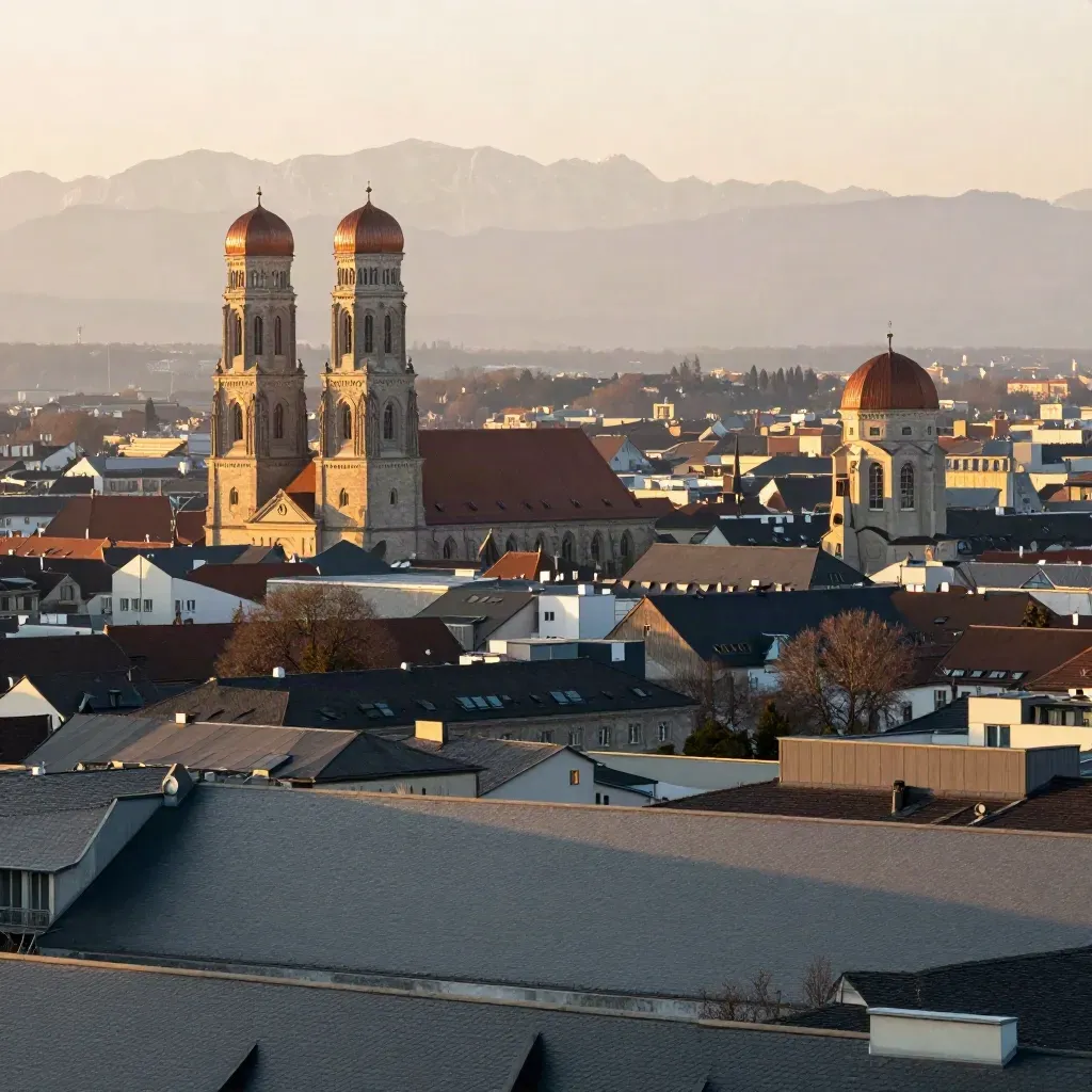 Münchener Skyline im Abendlicht, darunter ruhige Dächer und ferne Alpen im Dunst