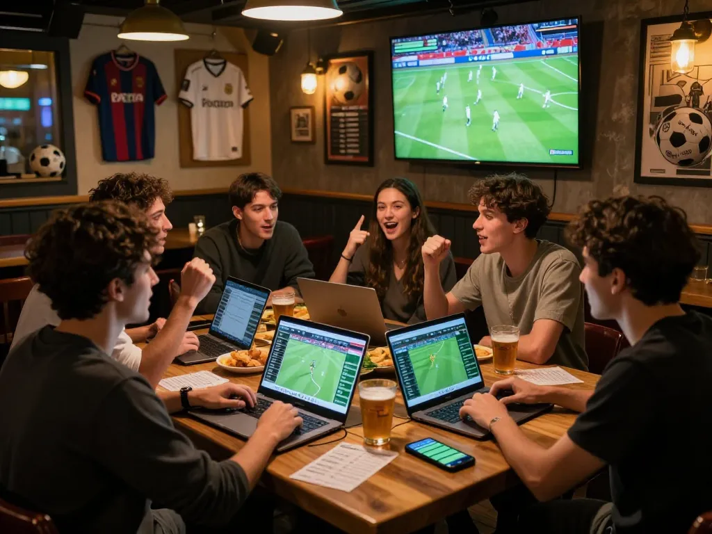 Excited friends discussing tỷ lệ kèo bóng đá at a sports bar during live match.