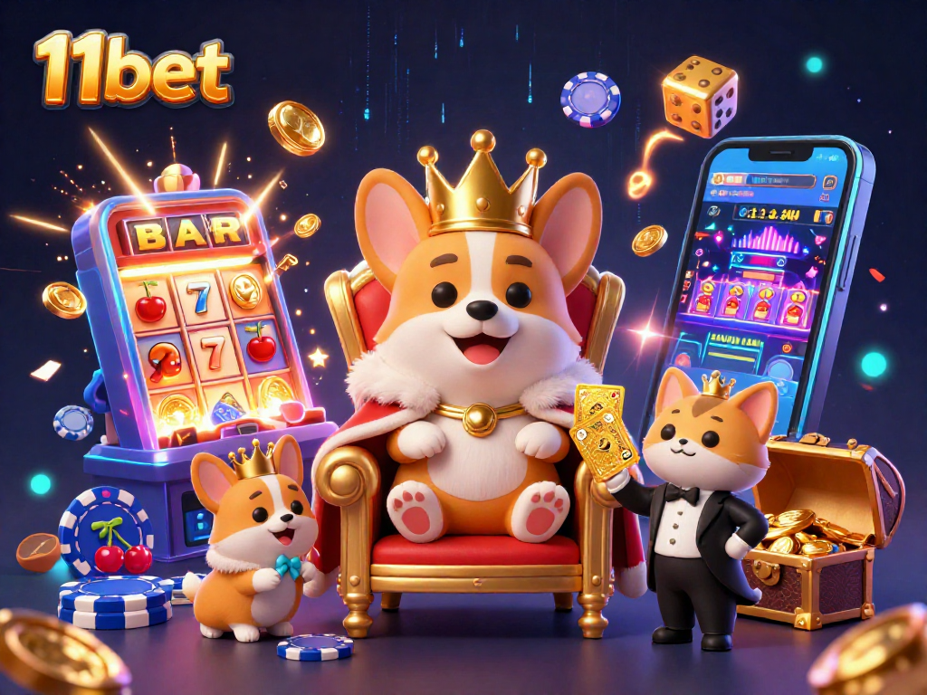 Immerse in the exciting world of 11bet with a vibrant 3D casino scene featuring a royal corgi and lively slot machine.