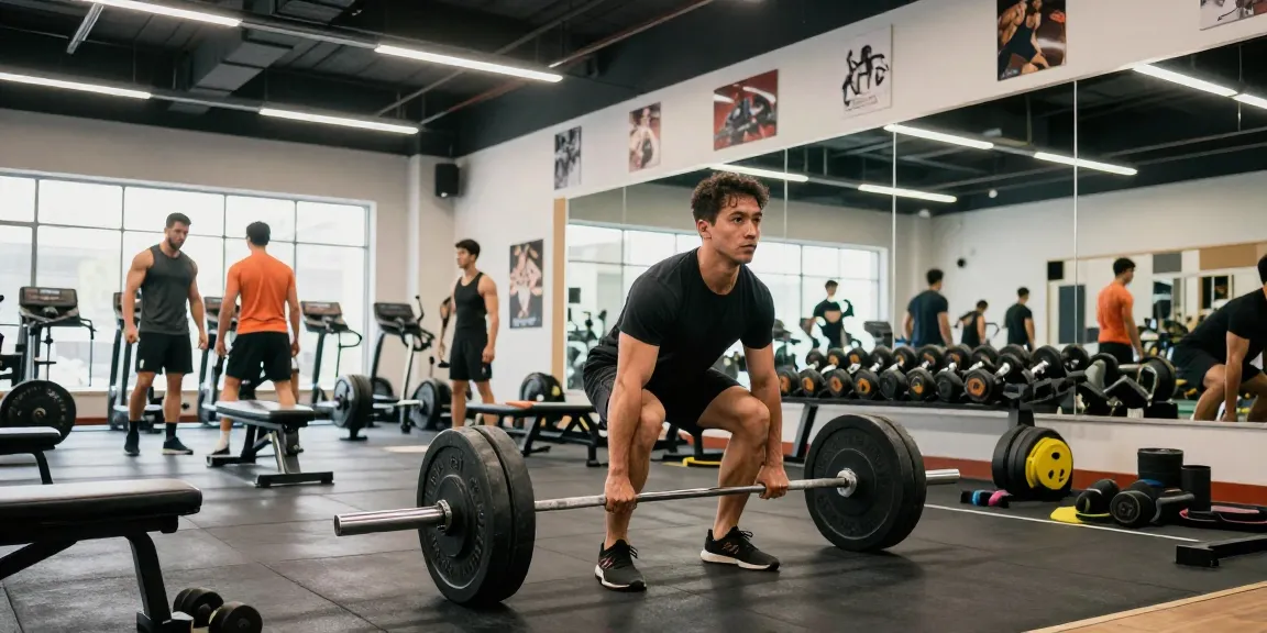 Sportlicher Bodybuilder im Steroidshop Fitnessstudio, der schwere Gewichte hebt und Stärke sowie Entschlossenheit demonstriert.