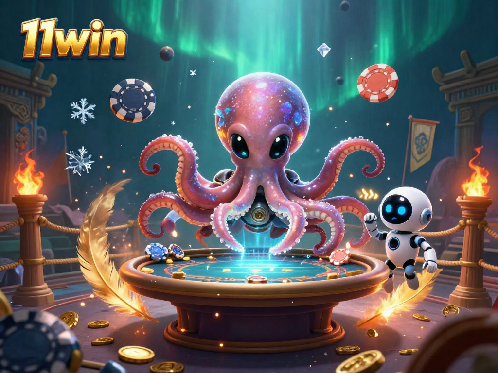 11win players engage with the vibrant poker scene led by a cartoon alien octopus amidst swirling cosmic elements.