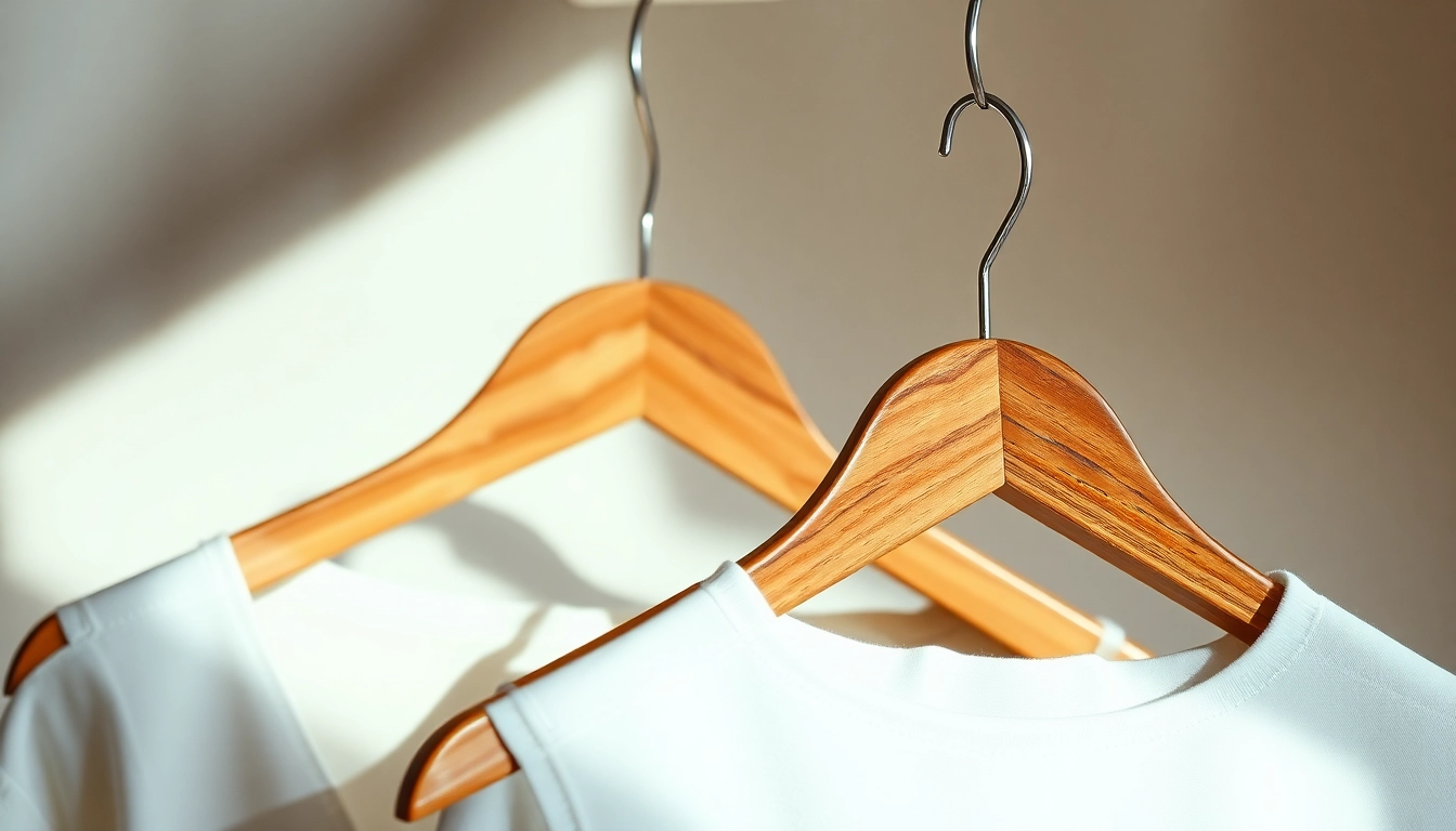 Präsentation von individuell bedruckten Kleiderbügeln aus Holz, die durch ihr einzigartiges Design bestechen.