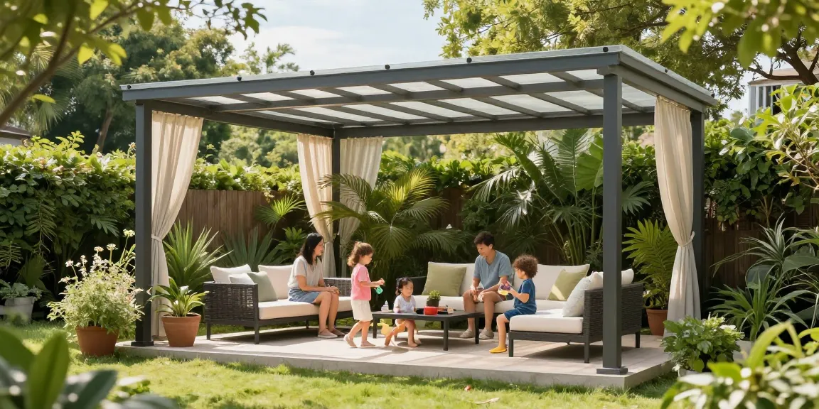 Familie genießt Zeit unter einer freistehenden Terrassenüberdachung in einem schönen Garten.