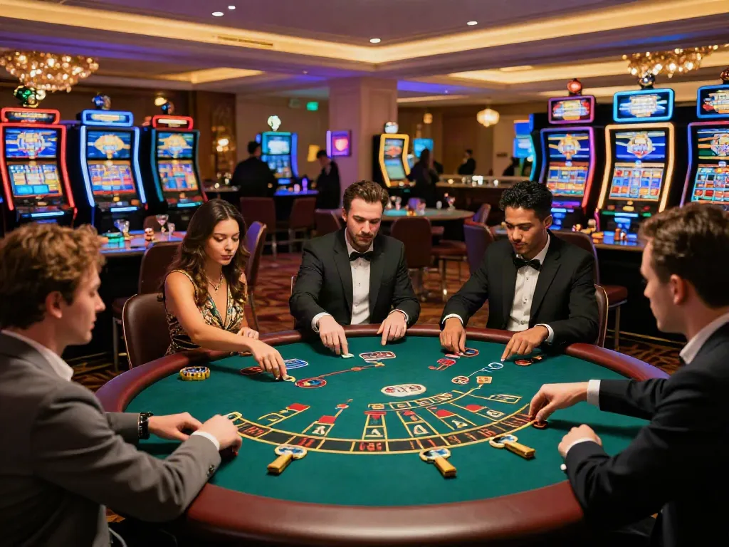 Engaged players at Baccarat table in a vibrant casino setting showcasing https://xo88.games/ thrilling gaming atmosphere.