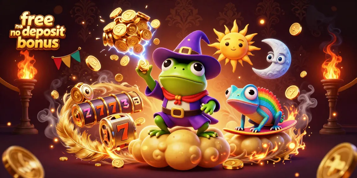 Experience the thrill of the free no deposit bonus with our magical scene featuring a weather wizard frog and a rainbow chameleon amidst casino elements.