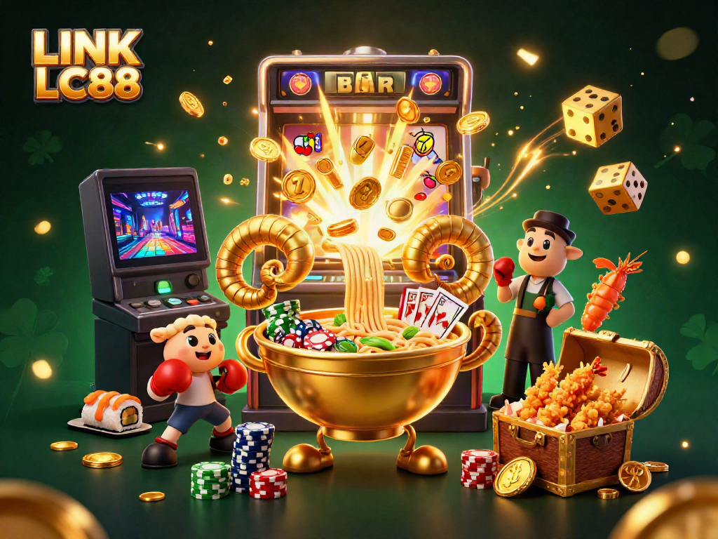 Win big with LINK LC88 featuring a vibrant 3D casino scene of characters and game elements.
