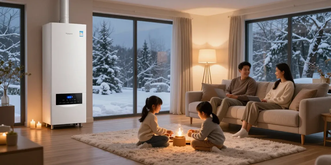 Gemütliches Familientreffen in einem behaglichen Wohnzimmer, das von einer effizienten Boiler Heizung betrieben wird und Komfort sowie modernes Design zeigt.