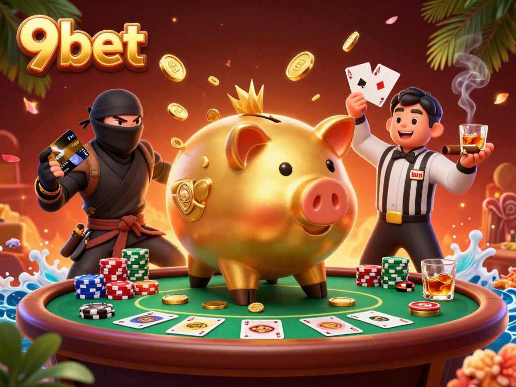 9bet's dynamic poker scene showcases thrilling gameplay with a golden piggy sumo and colorful poker chips.