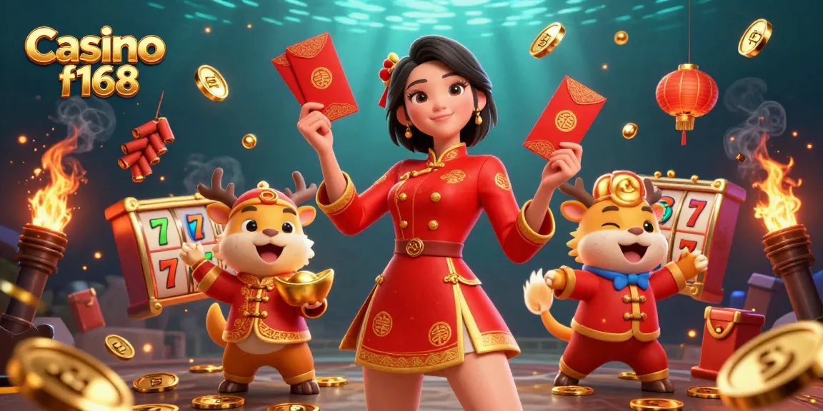 Engage with exciting games at Casino f168, featuring vibrant slot reels and festive characters.