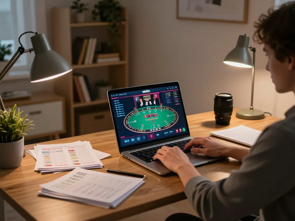 Engaged player using mk8th platform for online gambling strategy during a cozy home evening