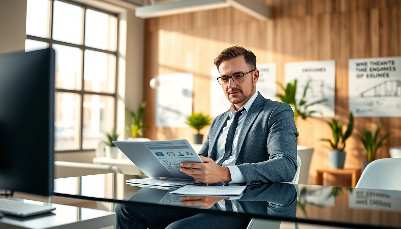 Headhunter Ingenieure berät in modernen Büroumgebung mit technischen Unterlagen.