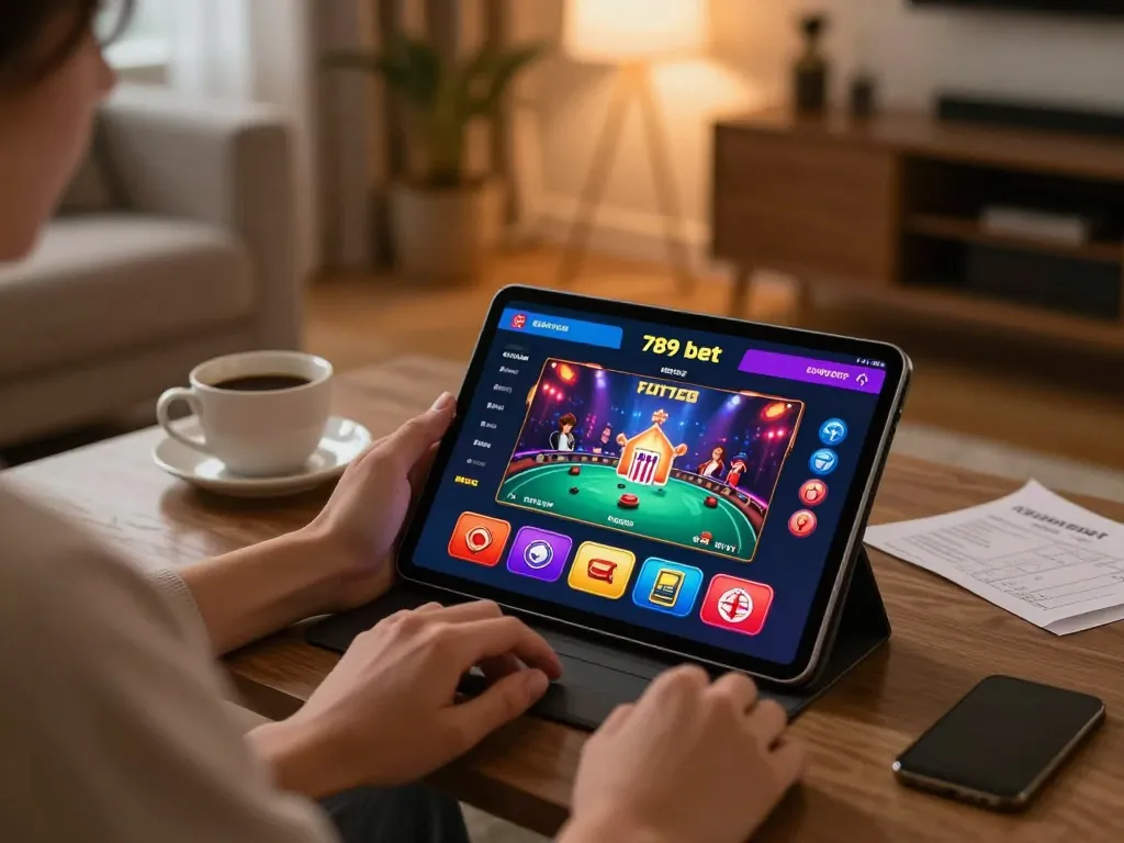 Experience the excitement of 789 bet on a cozy home gaming setup with a tablet showing casino gameplay.
