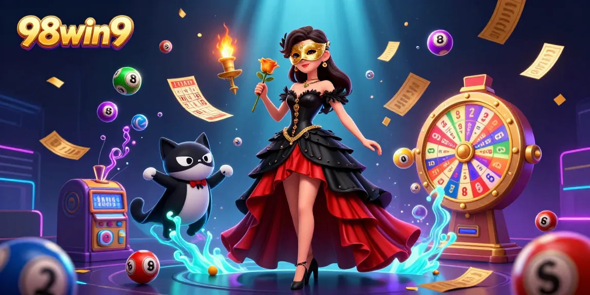 Engage winning strategies with 98win9 in a vibrant casino-themed world featuring colorful lottery elements.