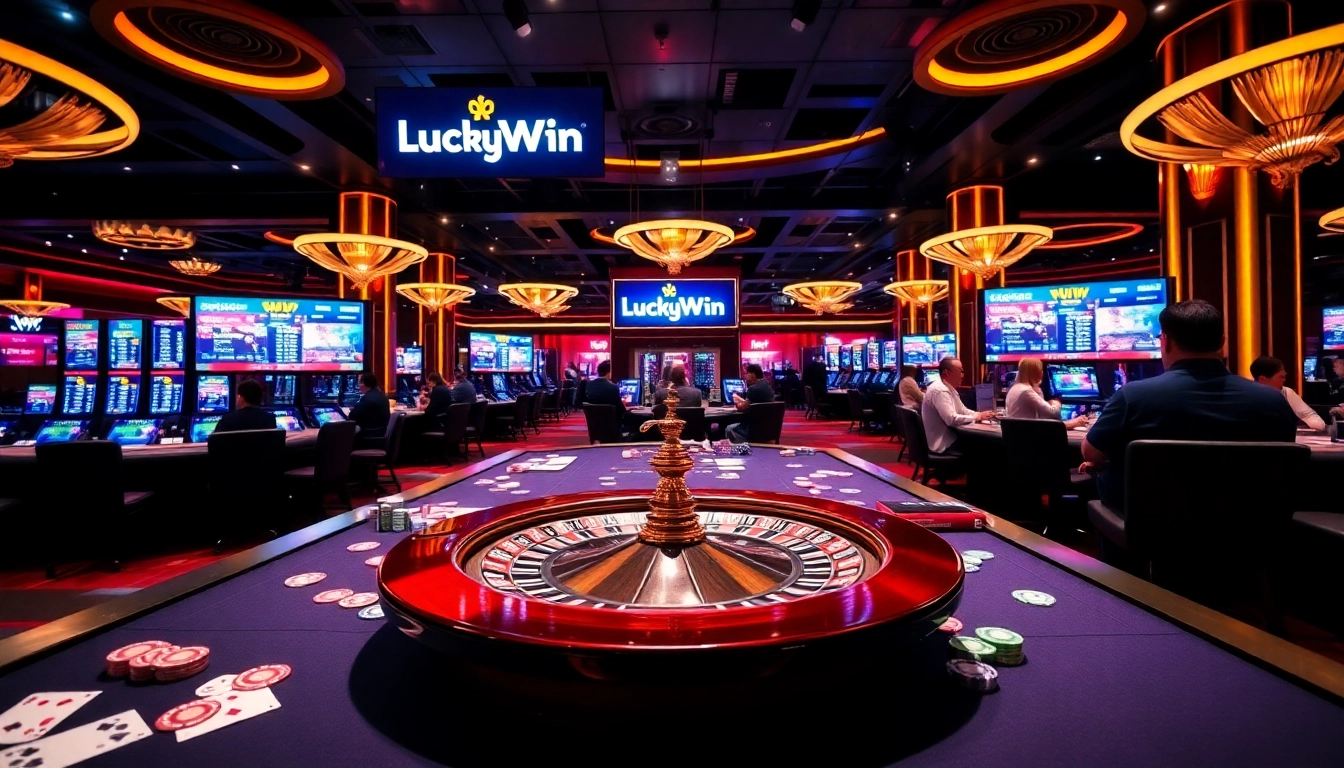 Experience the thrill of gambling at LuckyWin's vibrant casino table with lively players.